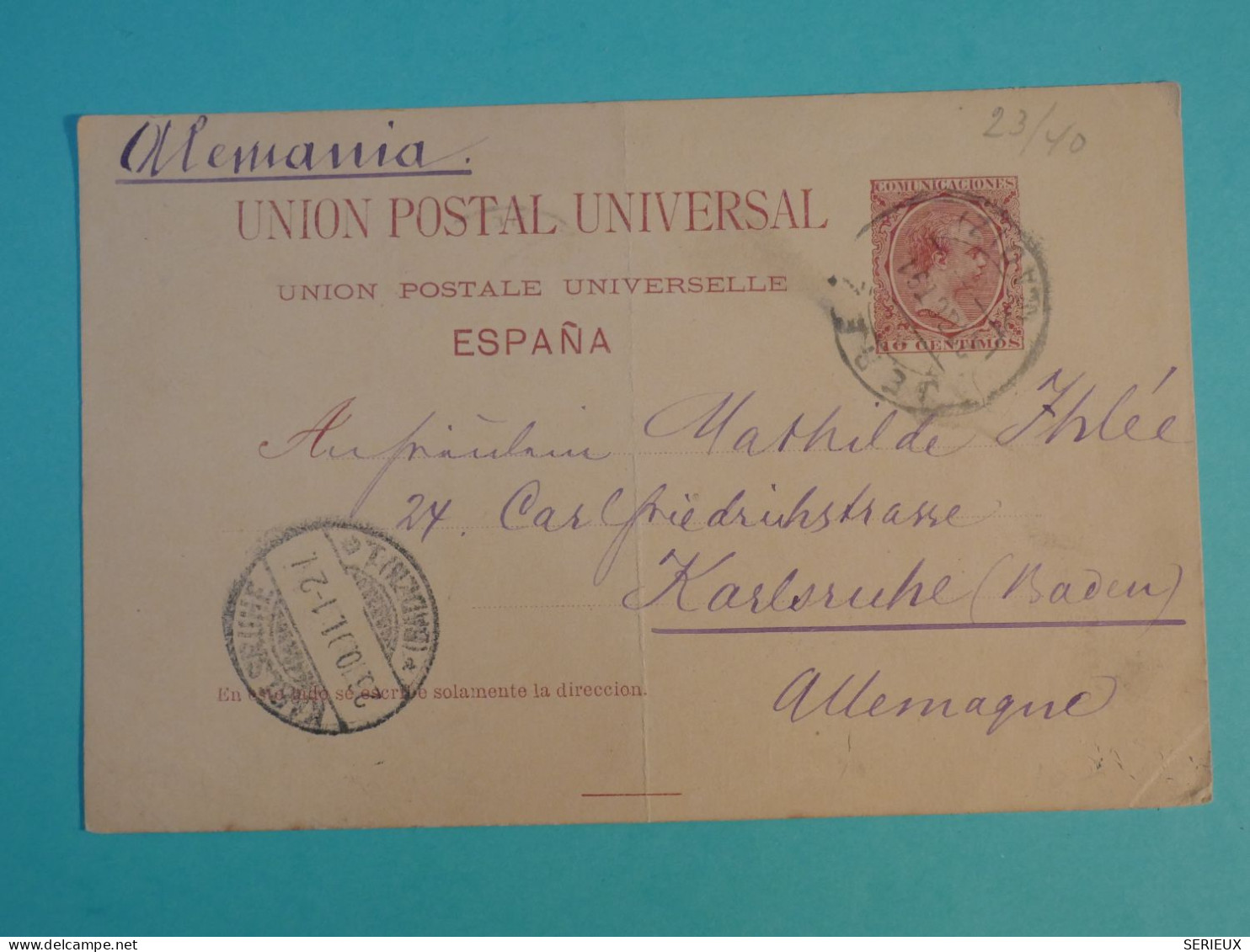 DI 5 ESPAGNE BELLE CARTE 1901 VALLADOLID A  KARLSRUHE  ALEMANIA  ++AFF. INTERESSANT++++ - 1850-1931