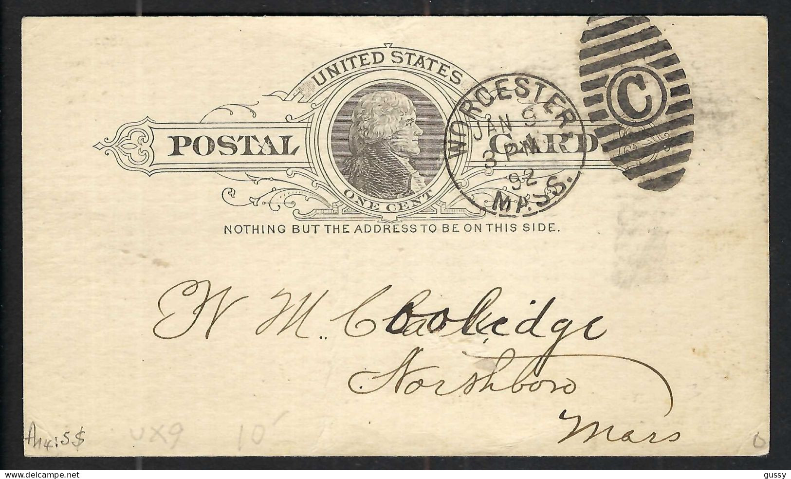 ETATS UNIS Ca.1892: CP Entier De 1c De Worcester (Mass.) à Storshboro (Mass.) Avec Fancy Cancel "circled C", Pli - ...-1900