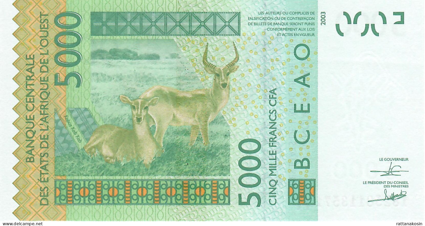 W.A.S.  IVORY COAST  P117Ar 5000  FRANCS (20)18  2018  Signature 43  UNC. - West-Afrikaanse Staten