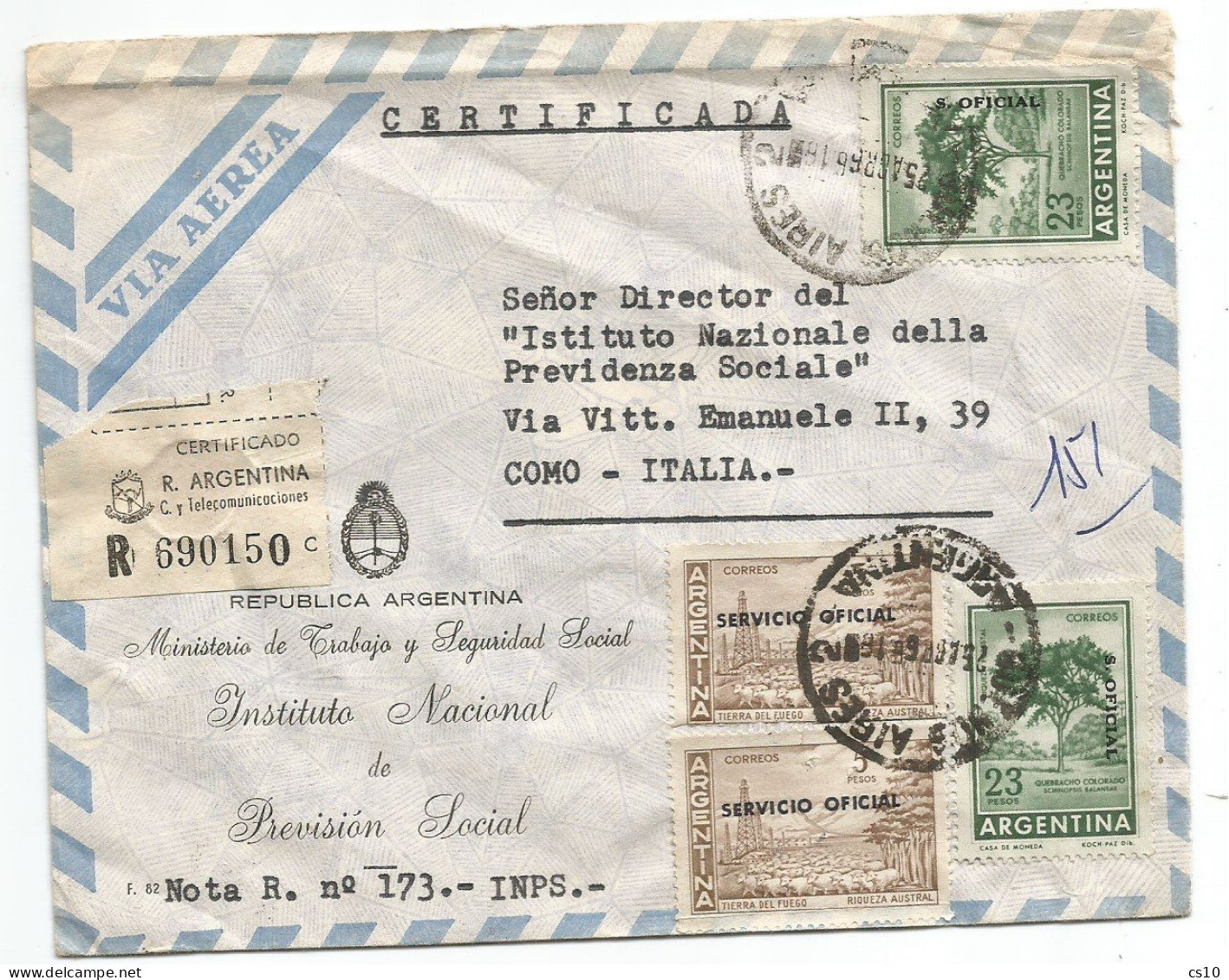 Argentina Servicio Oficial TRATADOS RECIPROCIDAD Reg.AirrmailCV B.Aires 25apr1966 X Italy With 4v Overprinted - Dienstmarken