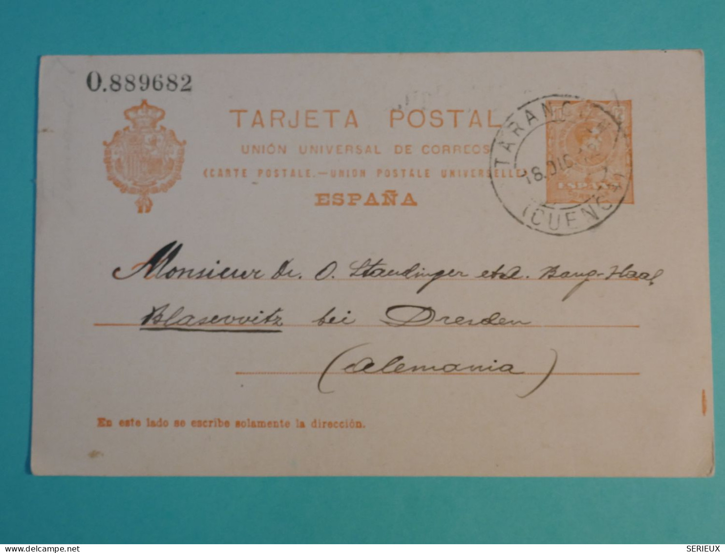 DI 5 ESPANA CARTE ENTIER  1912 TARANCONA   A DRESDEN   ALEMANIA   ++AFF. INTERESSANT++++ - 1850-1931
