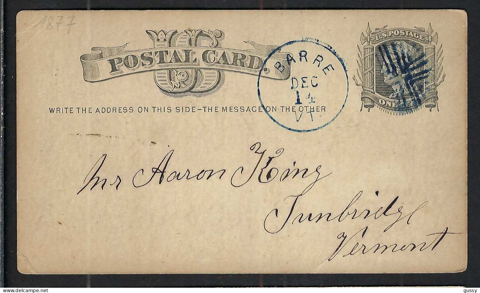 ETATS UNIS Ca.1877: CP Entier De 1c De Barre (VT.) à Tunbridge (VT.) Avec Fancy Cancel "blue Stylised Cross " - ...-1900