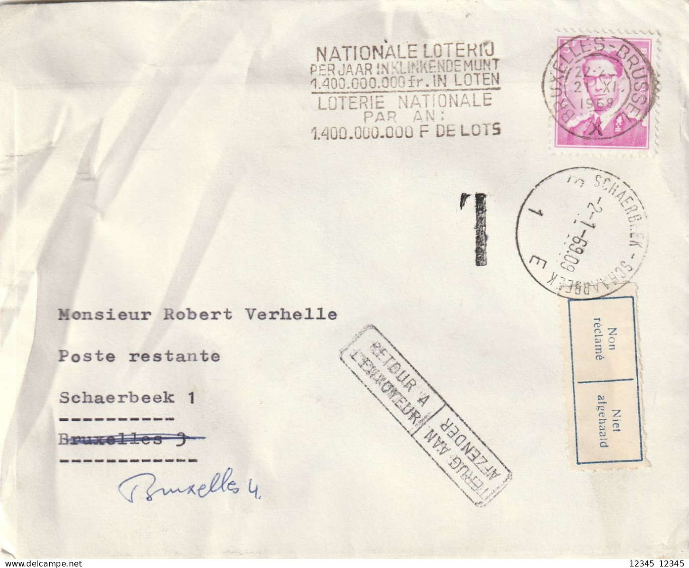 1968, Letter From Brussel To Schaarbeek, Absent 2-1-69 (letter Not Opened) - Brieven En Documenten