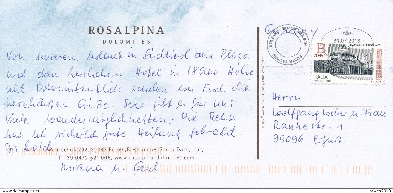 Italien Bozen TGST 2018 Mi. 3918 Neapel Piazza Del Plebiscito - PK Nach Deutschland - 2011-20: Storia Postale