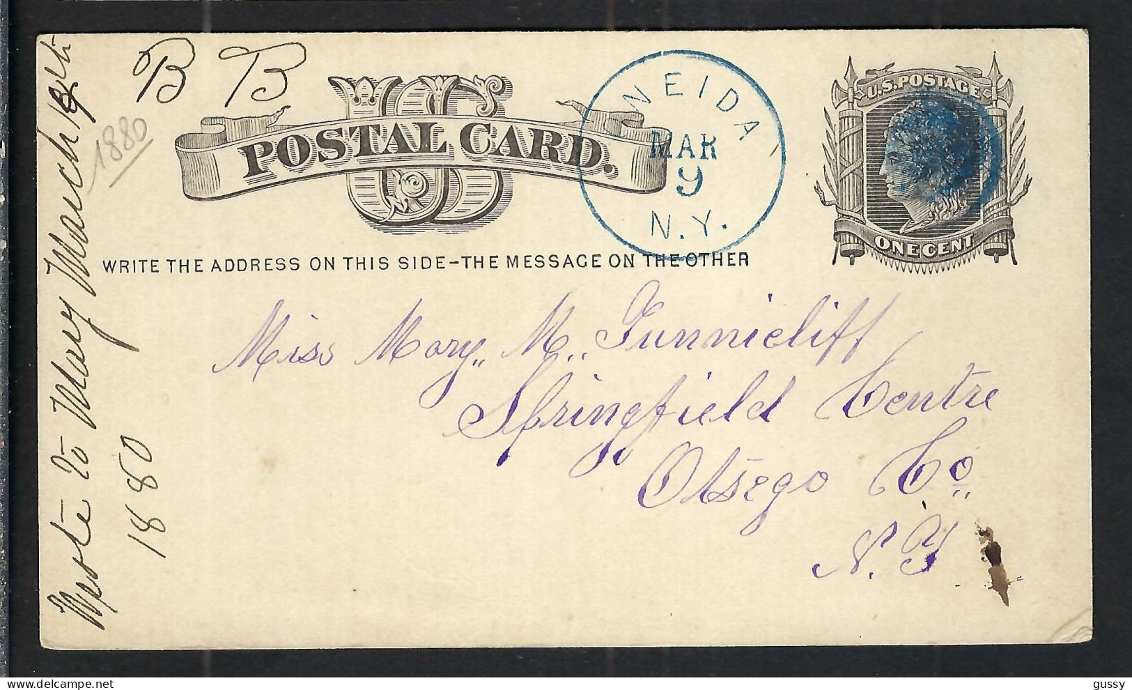 ETATS UNIS Ca.1877: CP Entier De 1c De Oneida (N.Y.) à Otsego (N.Y.) Avec Fancy Cancel "blue Circled Killer " - ...-1900