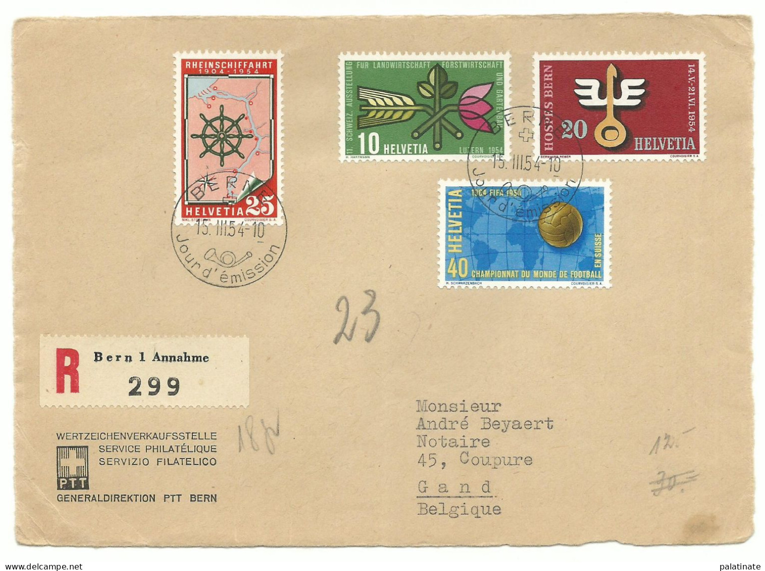 Schweiz Mi-Nr. 593-96 Ausstellung 1954 R-FDC Vorderseite - FDC