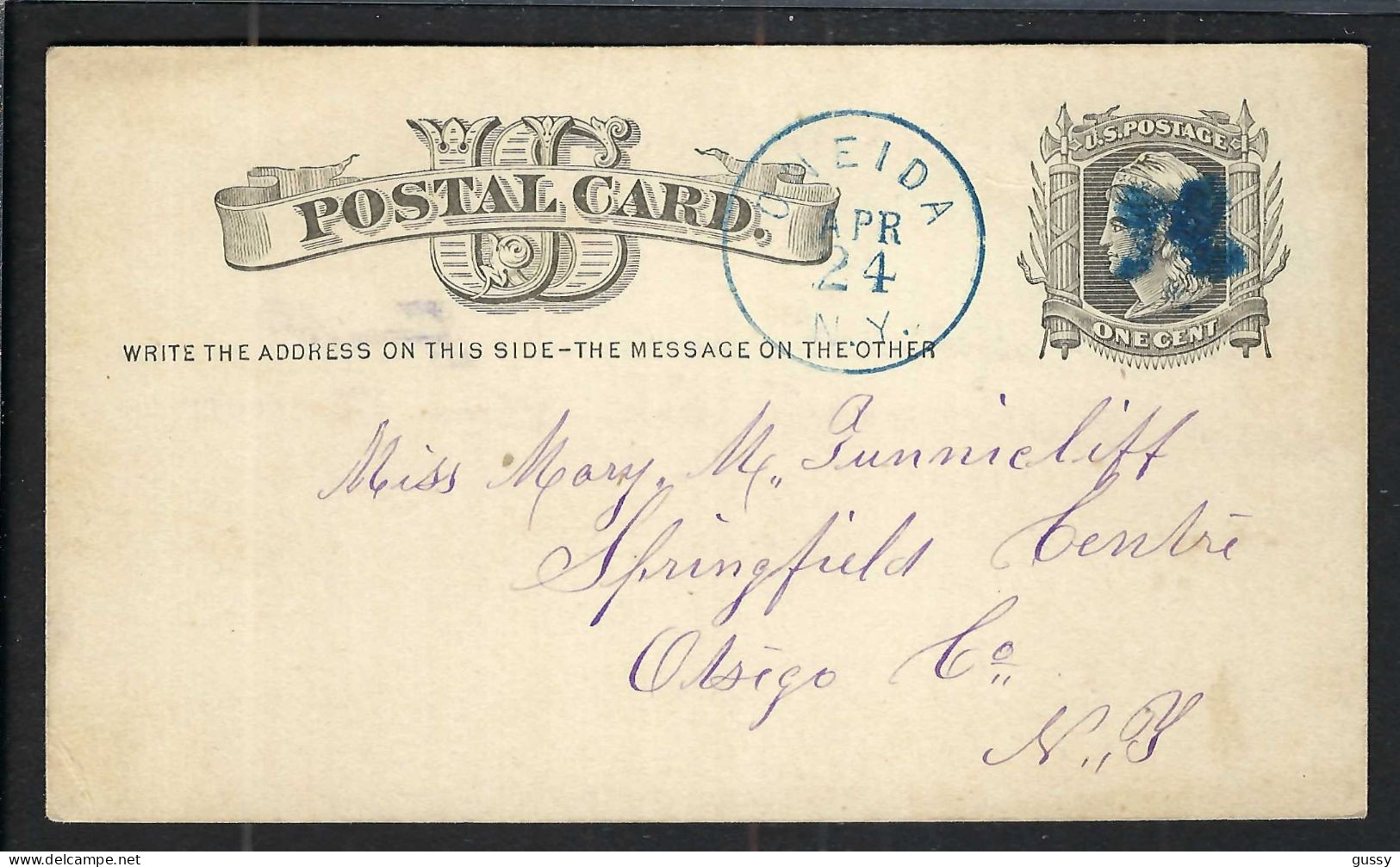 ETATS UNIS Ca.1877: CP Entier De 1c De Oneida (N.Y.) à Otsego (N.Y.) Avec Fancy Cancel "blue X " - ...-1900