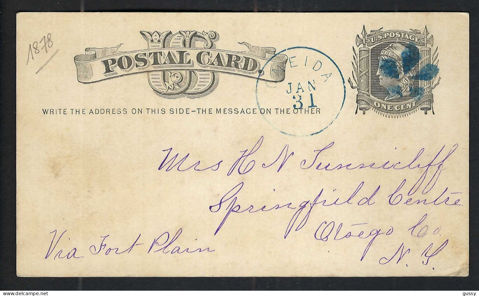 ETATS UNIS Ca.1878: CP Entier De 1c De Oneida (N.Y.) à Otsego (N.Y.) Avec Fancy Cancel "blue 5 Petal Flower" - ...-1900