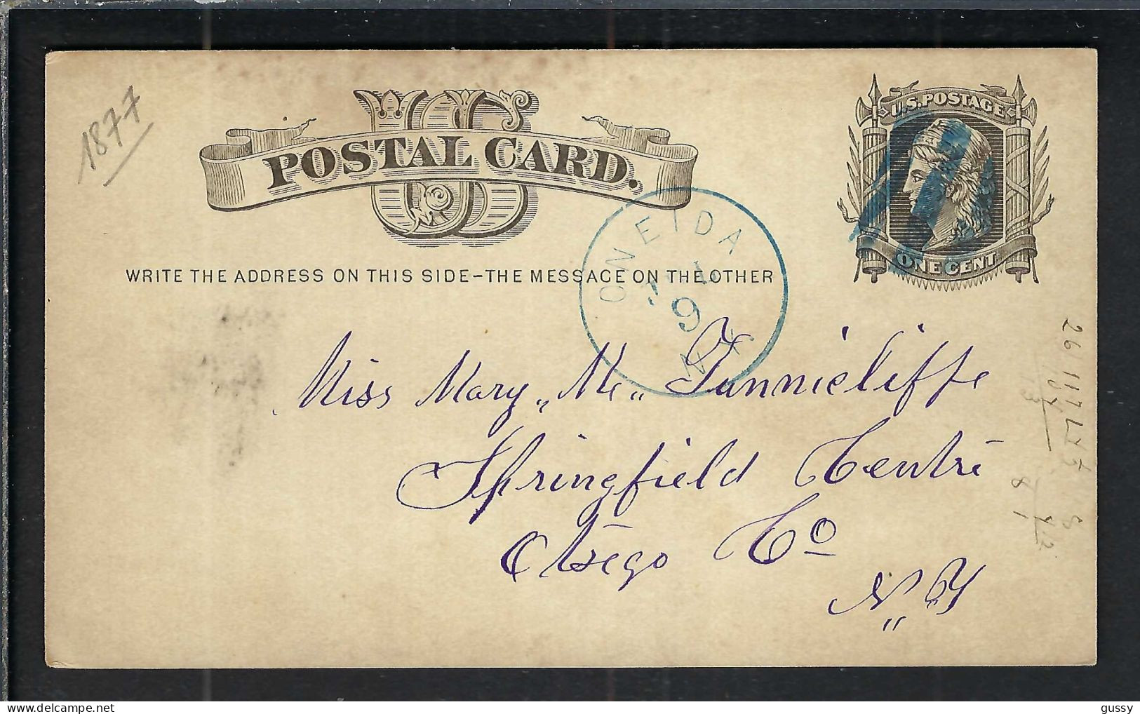 ETATS UNIS Ca.1877: CP Entier De 1c De Oneida (N.Y.) à Otsego (N.Y.) Avec Fancy Cancel "blue 3 Barred Grid" - ...-1900