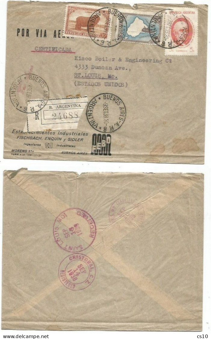 Argentina Registered Airmail CV Baires 9sep1938 X USA With 3 Stamps - Via Cristobal , Canal Zone, 14sep38 - Brieven En Documenten