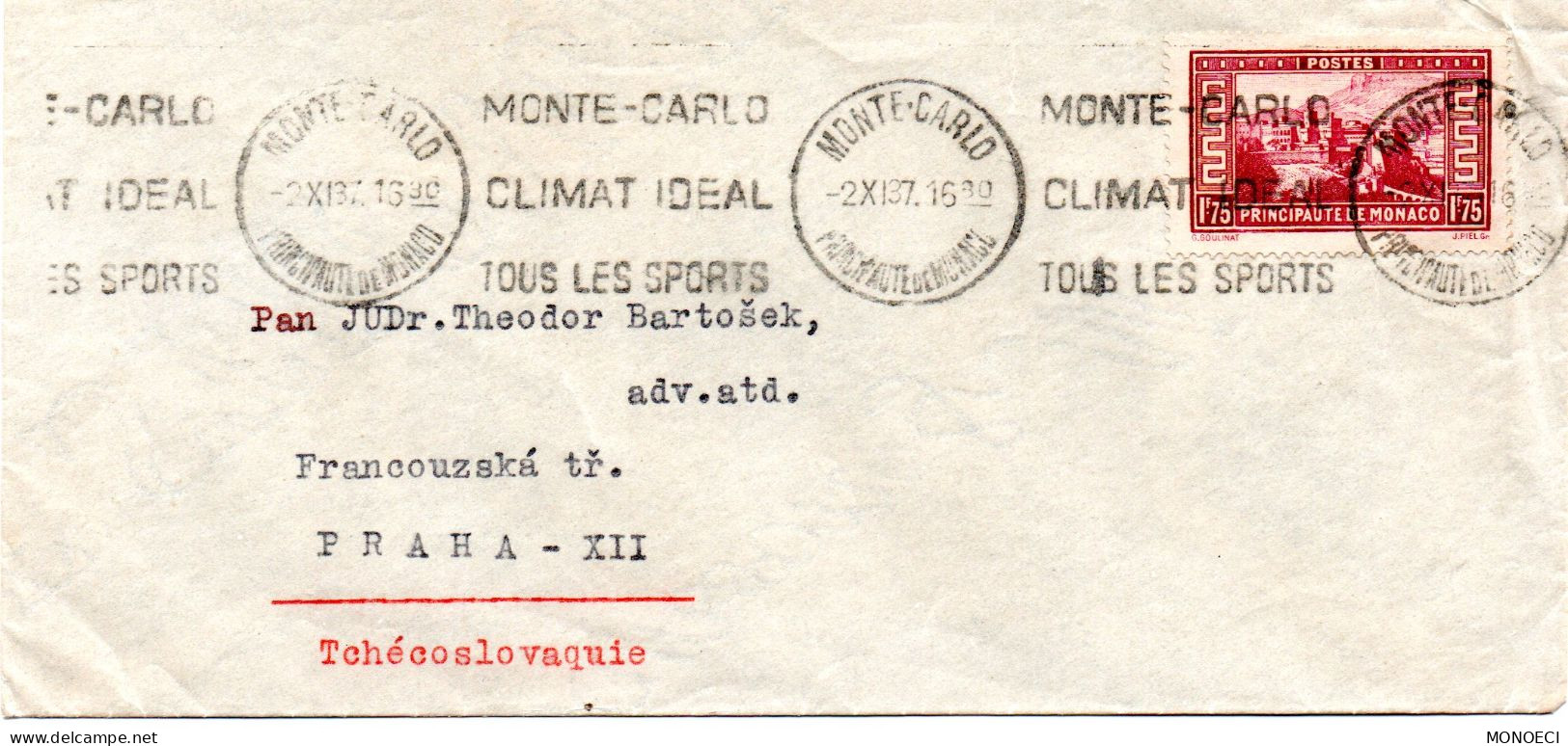 MONACO -- MONTE CARLO -- Enveloppe -- Timbre 1 F. 75 Lie De Vin, Seul Sur Enveloppe Pour PRAHA (Tchécoslovaquie) - Used Stamps