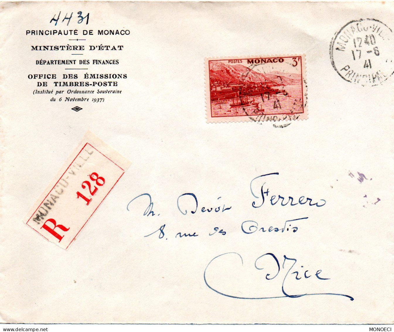 MONACO -- MONTE CARLO -- Enveloppe -- Timbre 3 F. Brun Carminé -- Rade Et Vue De Monte Carlo, Seul Sur Enveloppe - Used Stamps