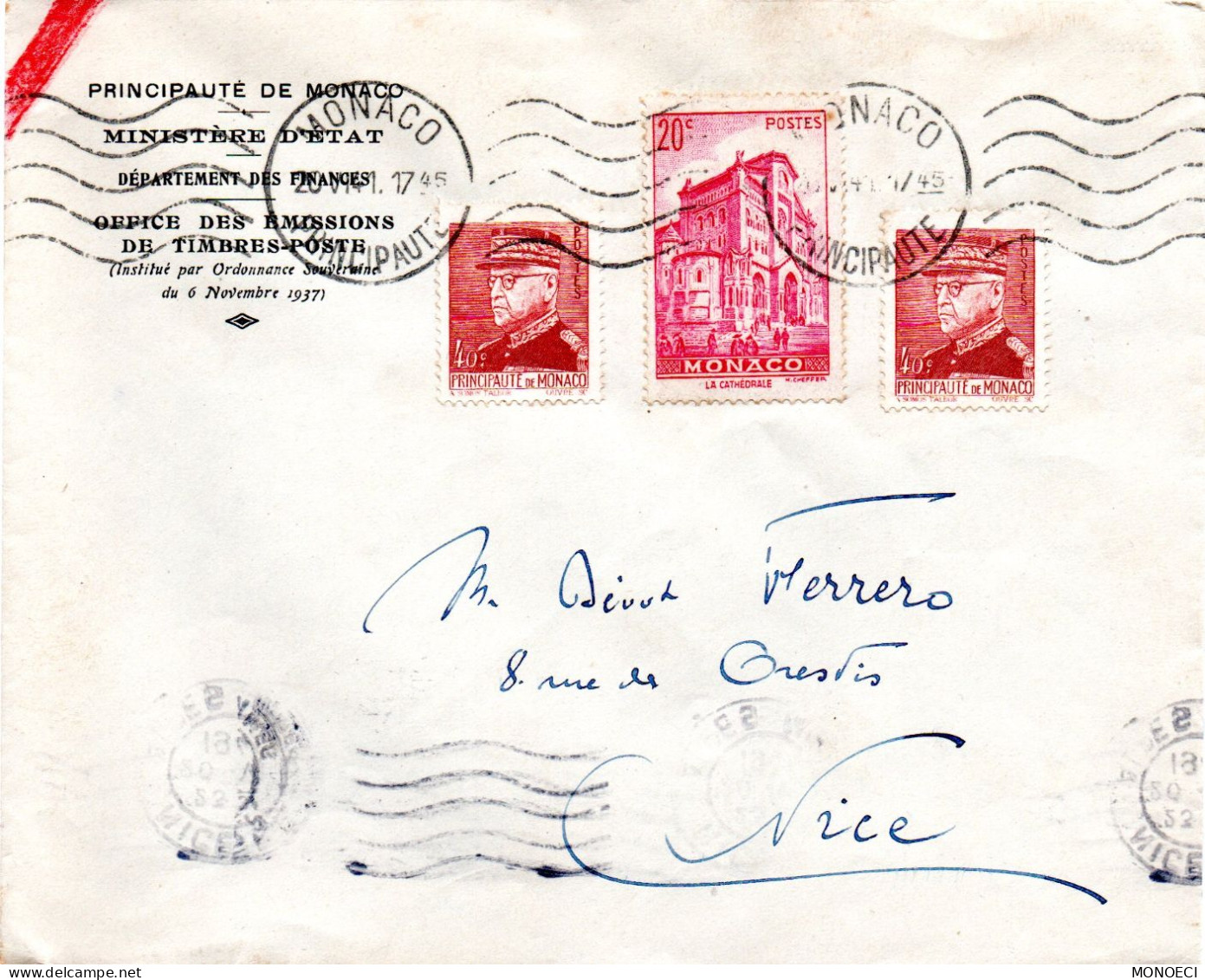 MONACO -- MONTE CARLO -- Enveloppe -- 3 Timbres Sur Enveloppe O.E.T.P. - Oblitérés