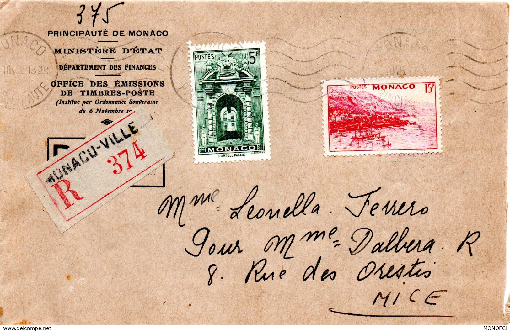 MONACO -- MONTE CARLO -- Enveloppe -- 2 Timbres Sur Enveloppe O.E.T.P. -- R. 374 Monaco Ville - Oblitérés