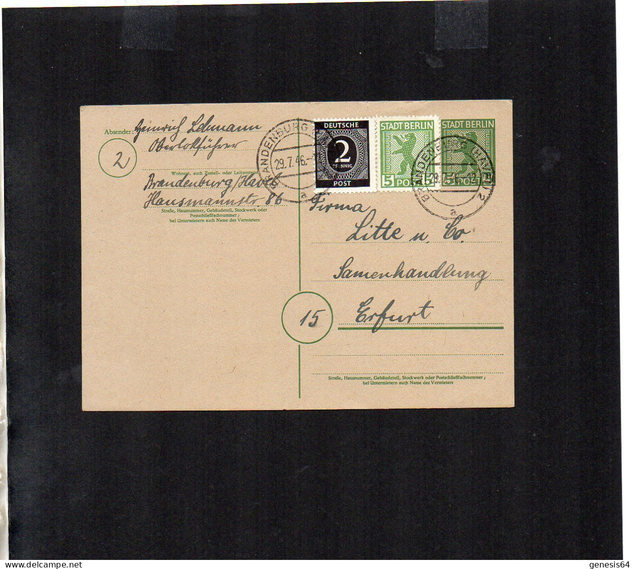 Berlin Brandenburg - Fernpostkarte Mit Mischfrankatur - Brandenburg Havel 2 - 29.7.46 - P2 (1ZKSBZ055) - Berlin & Brandenburg