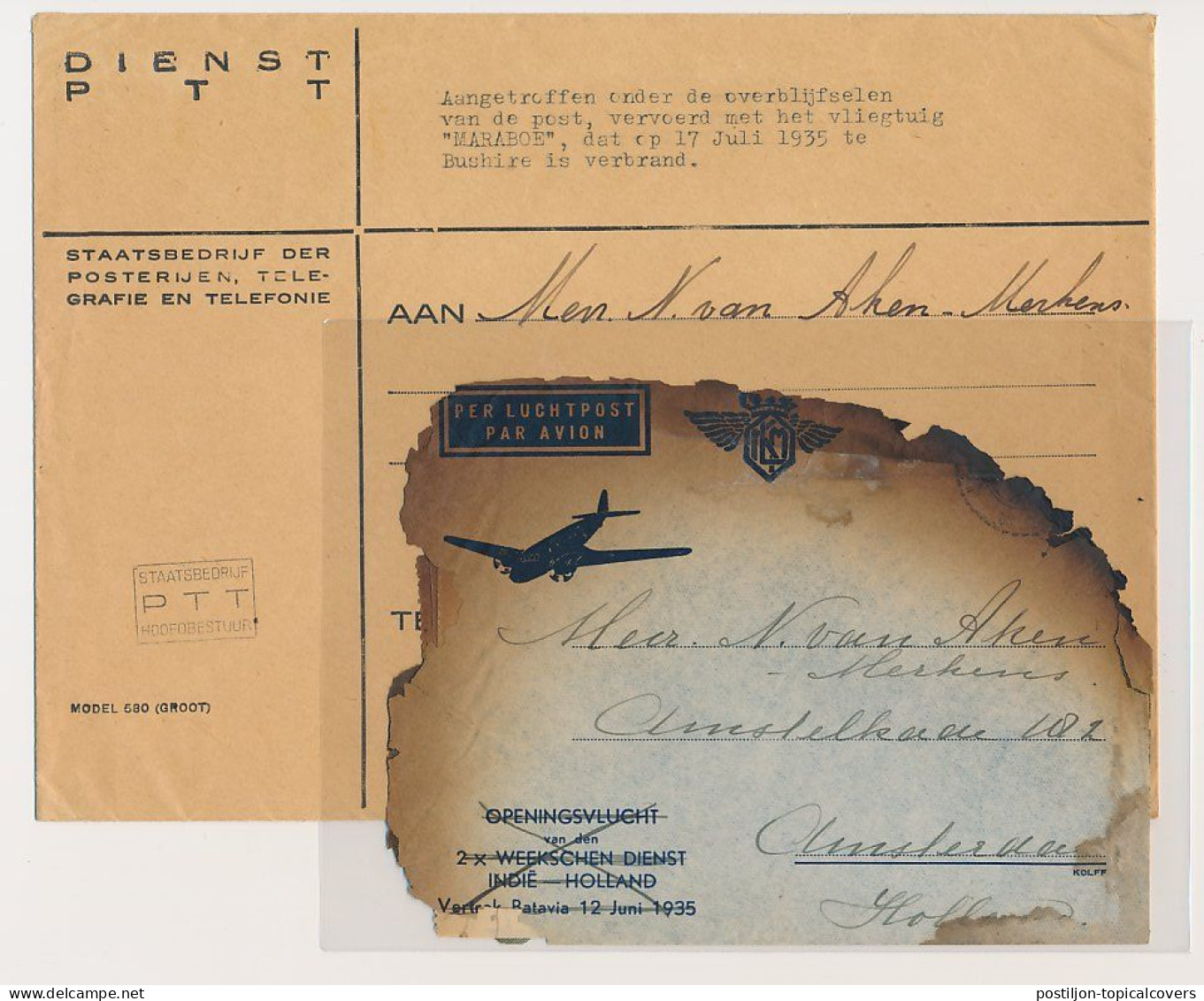 Crash Mail Cover Netherlands Indies - Amsterdam 1935 - Nierinck 350717 - Bushire Iran - Maraboe - Airmail