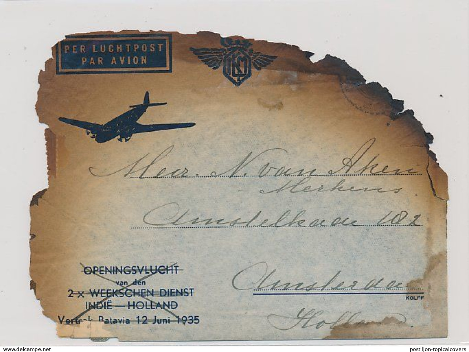 Crash Mail Cover Netherlands Indies - Amsterdam 1935 - Nierinck 350717 - Bushire Iran - Maraboe - Luftpost