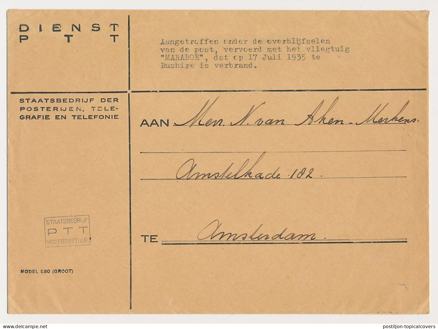 Crash Mail Cover Netherlands Indies - Amsterdam 1935 - Nierinck 350717 - Bushire Iran - Maraboe - Airmail