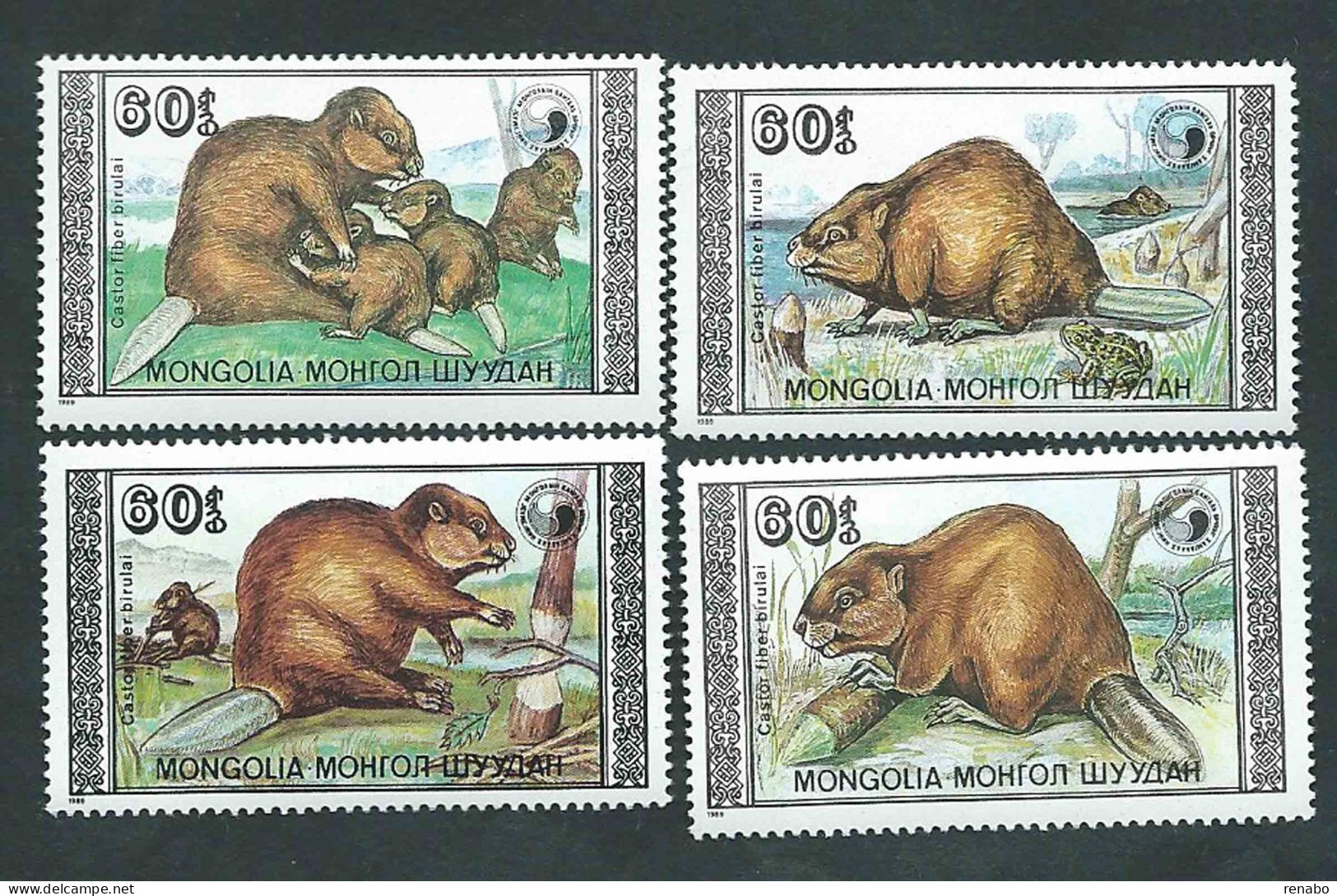 Mongolia 1989; Castori, Beavers, Castors, Serie Completa , Nuovi. - Knaagdieren