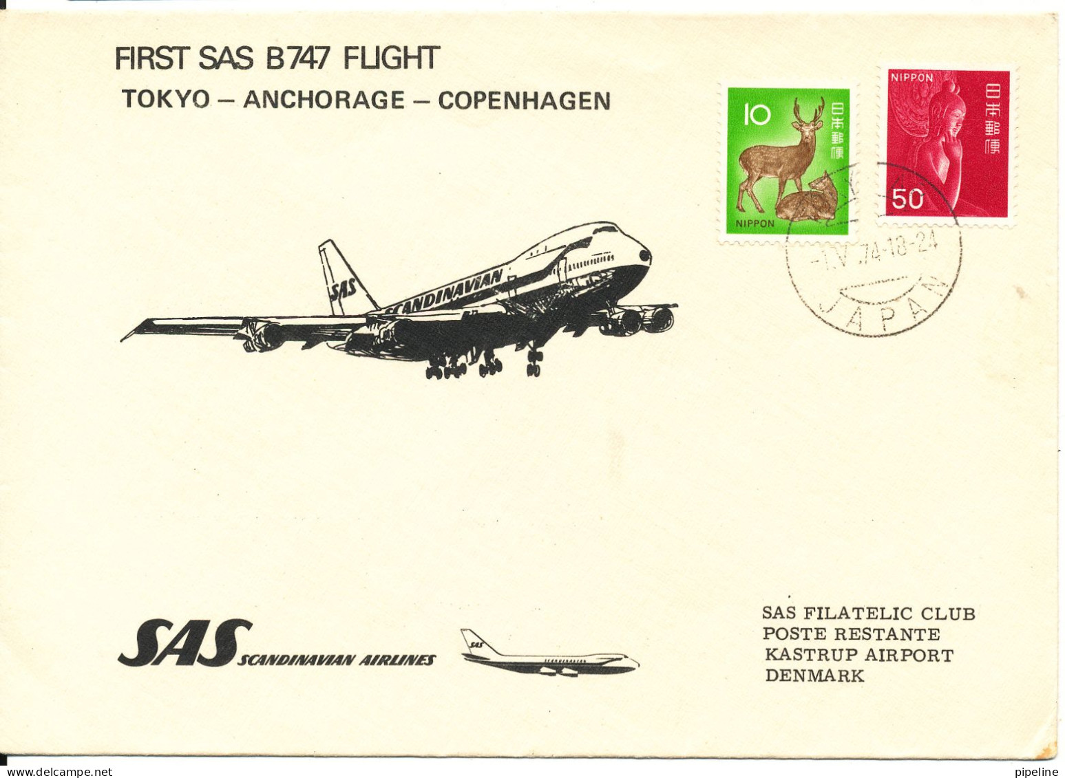 Japan First Flight SAS B 747 Tokyo - Anchorage - Copenhagen 1-5-1974 - Posta Aerea