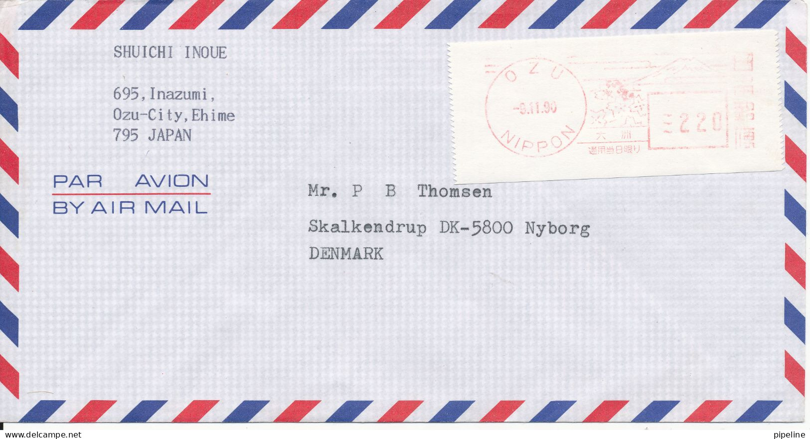 Japan Air Mail Cover With Meter Cancel Ozu 9-11-1990 Sent To Denmark - Airmail