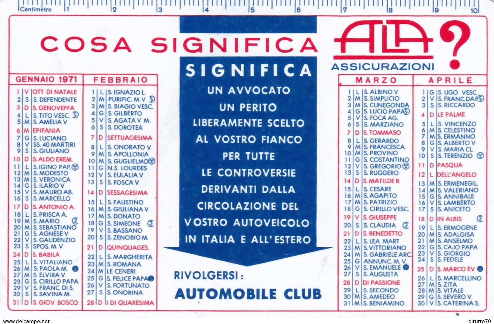 Calendarietto - Ala Assicurazioni - Anno 1971 - Kleinformat : 1961-70