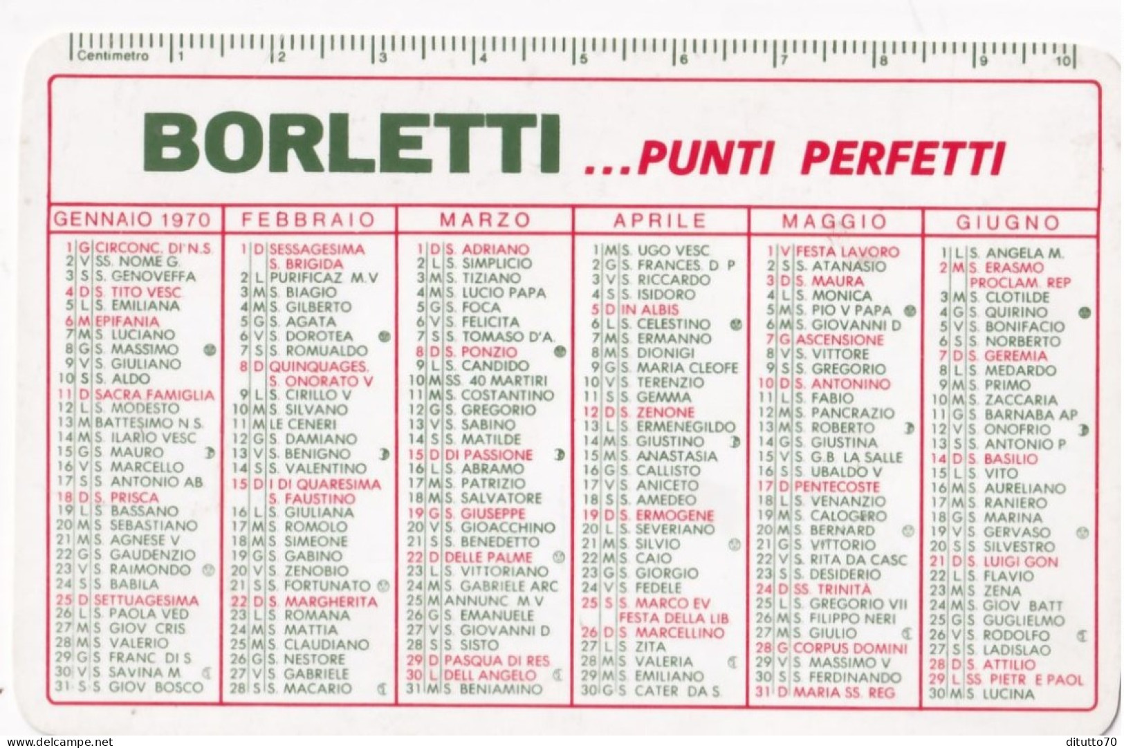 Calendarietto - Borletti - Anno 1970 - Petit Format : 1961-70