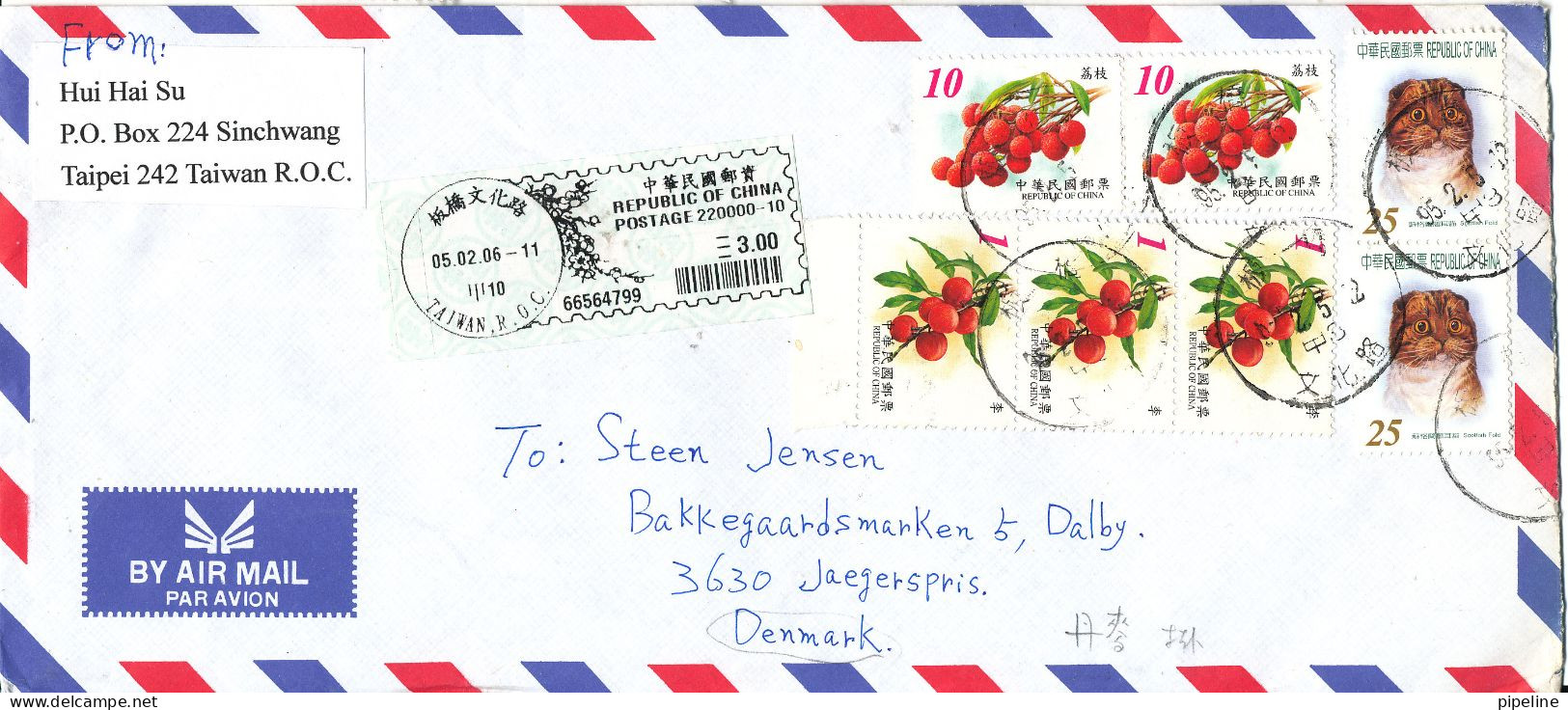 Taiwan Registered Air Mail Cover Sent To Denmark 5-2-1006 Topic Stamps FRUITS & CAT - Briefe U. Dokumente