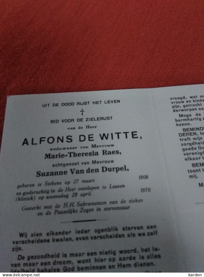 Doodsprentje Alfons De Witte / Stekene 27/3/1908 Leuven 29/4/1970 ( Marie Theresia Raes / Suzanne Van Den Durpel ) - Religion & Esotérisme