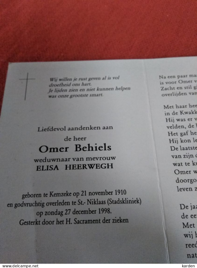 Doodsprentje Omer Behiels / Kemzeke 21/11/1910 Sint Niklaas 27/12/1998 ( Elisa Heerwegh ) - Religion & Esotérisme