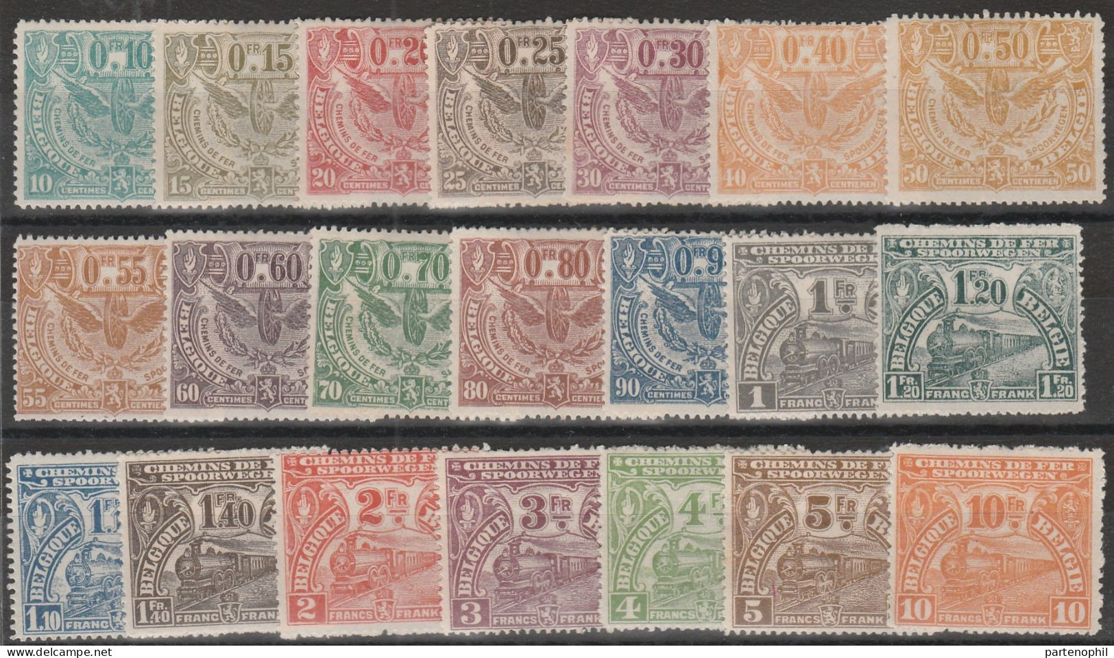 445 Belgio  1920 - Pacchi Postali - Ruota Alata O Locomotiva N. 79/99, 21 Valori. Cat. € 1400,00. MH - Mint