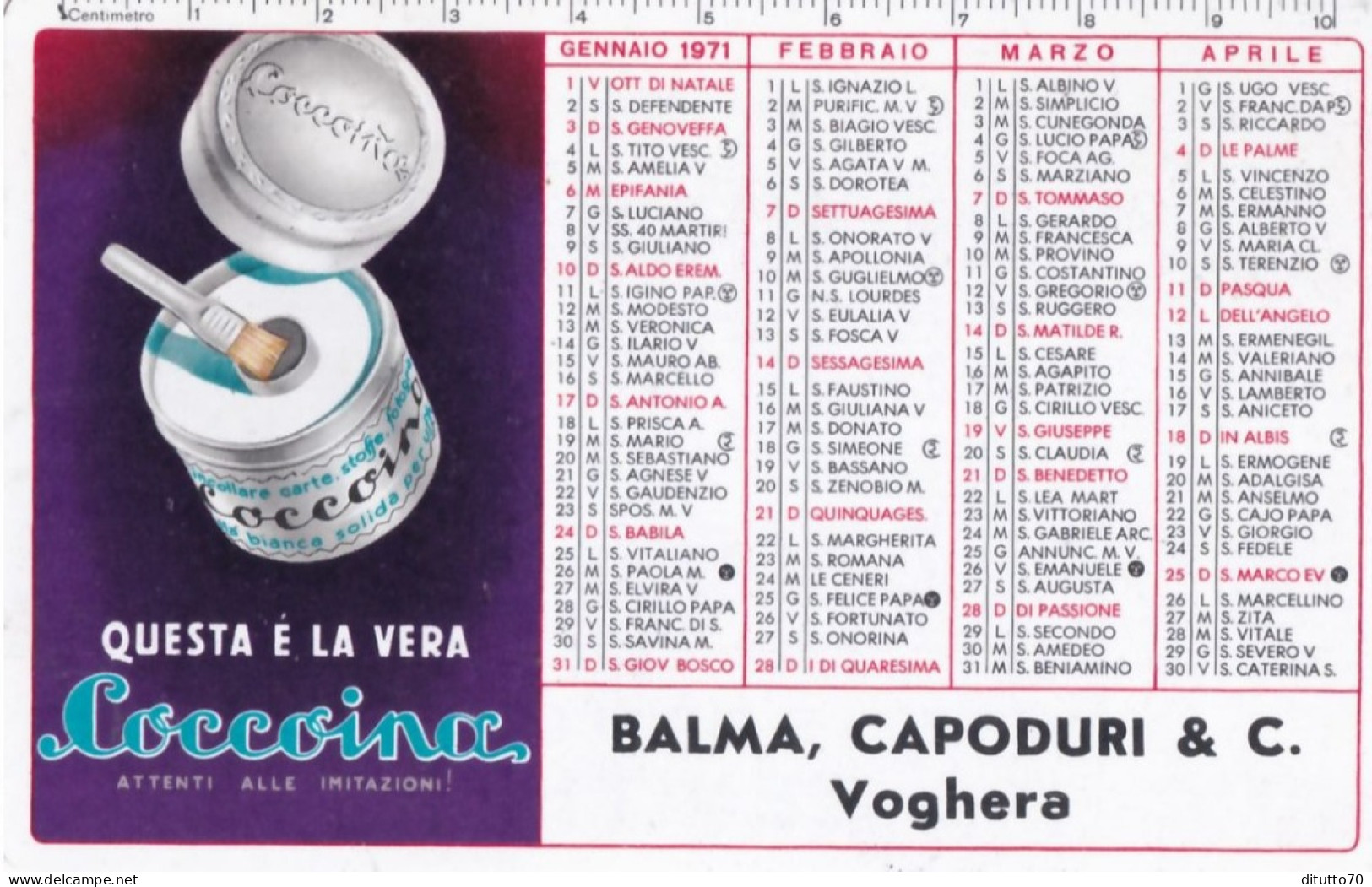Calendarietto - Coccoina Balma Capoduri E C. Voghera - Anno 1971 - Petit Format : 1971-80