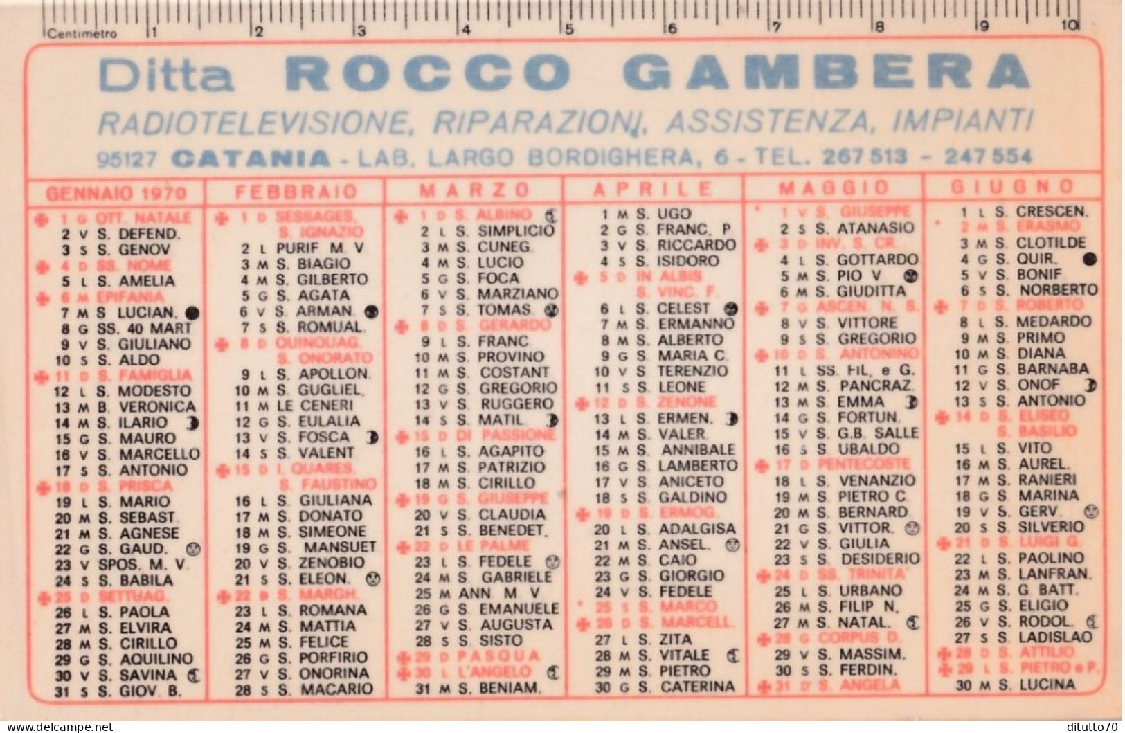 Calendarietto - Ditta Rocco Gambera - Radiotelevisione - Riparazioni - Catania - Anno 1970 - Petit Format : 1961-70