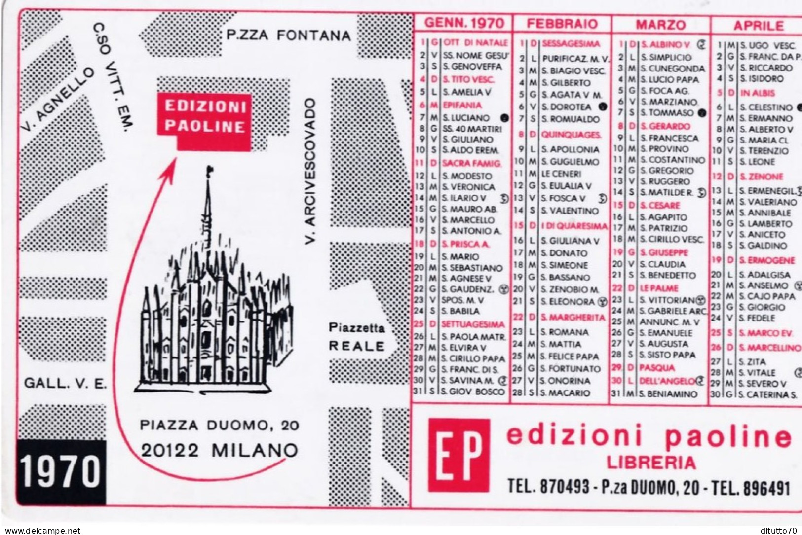 Calendarietto - Edizioni Paoline Libreria - Milano - Anno 1970 - Petit Format : 1961-70