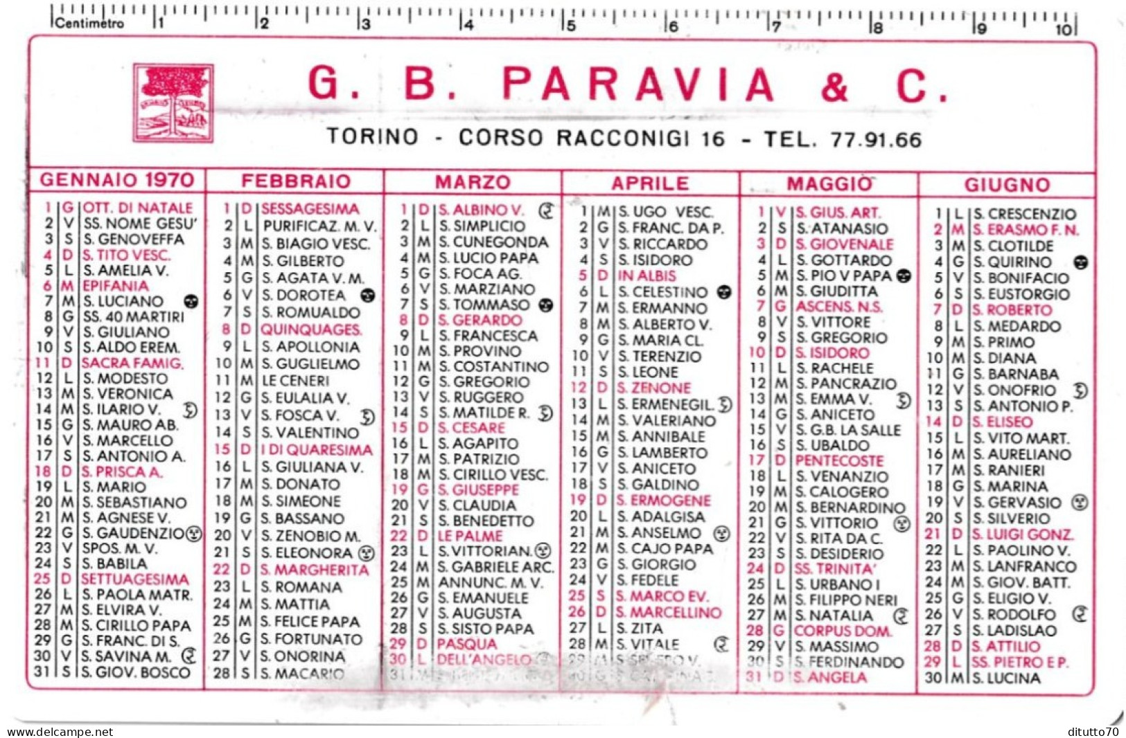 Calendarietto - G.b.paravia E C. - Torino - Anno 1970 - Petit Format : 1961-70