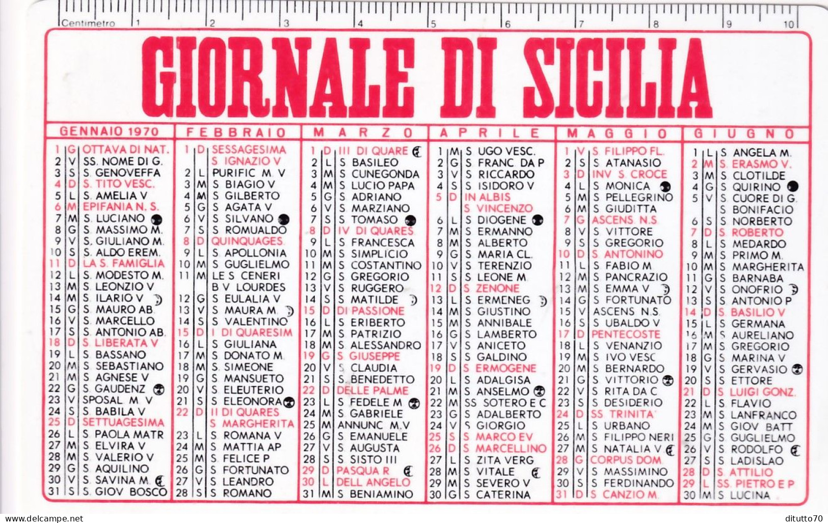 Calendarietto - Giornale Di Sicilia - Anno 1970 - Petit Format : 1961-70