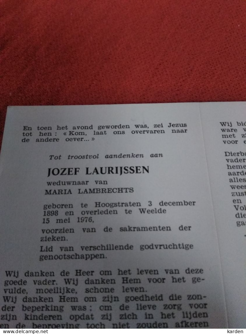 Doodsprentje Jozef Laurijssen / Hoogstraten 3/12/1898 - Weelde 15/5/1976 ( Maria Lambrechts ) - Religion & Esotérisme