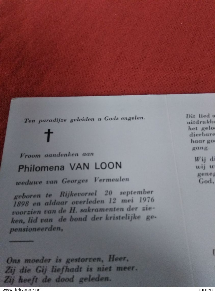 Doodsprentje Philomena Van Loon / Rijkevorsel 20/9/1898 - 12/5/1976 ( Georges Vermeulen ) - Religion & Esotérisme