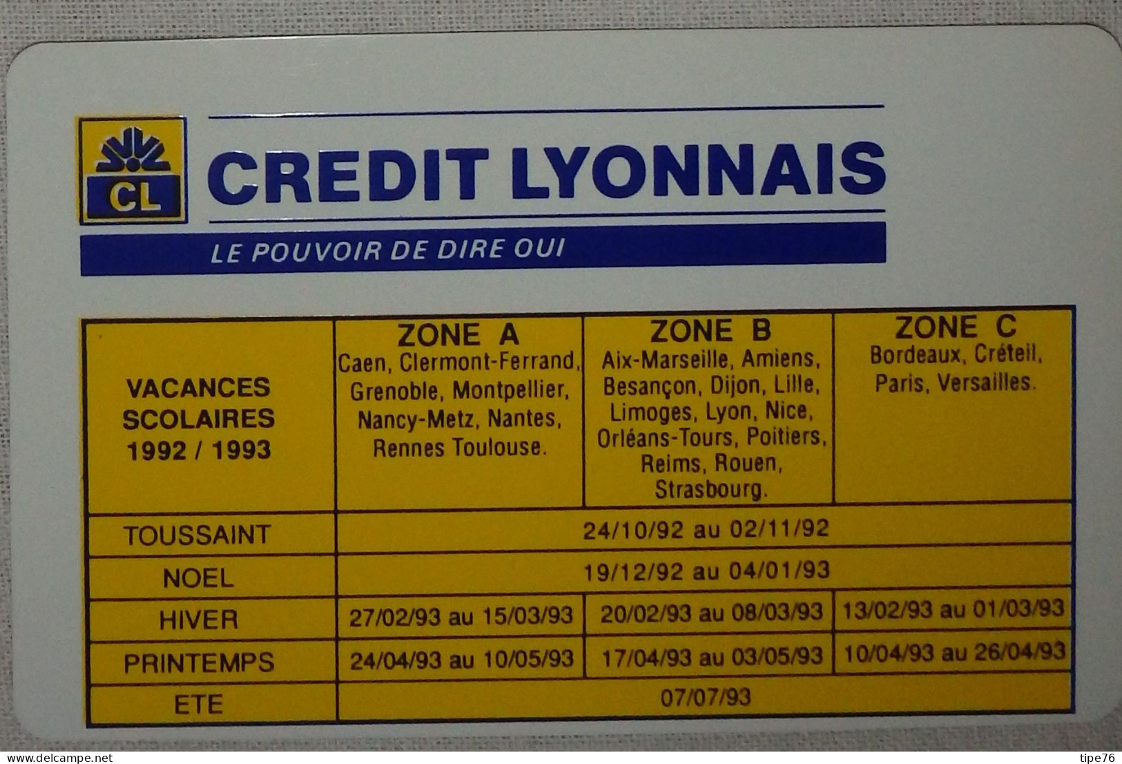 Petit Calendrier De Poche 1993 Banque Crédit Lyonnais - Format Carte Bleue - Petit Format : 1991-00