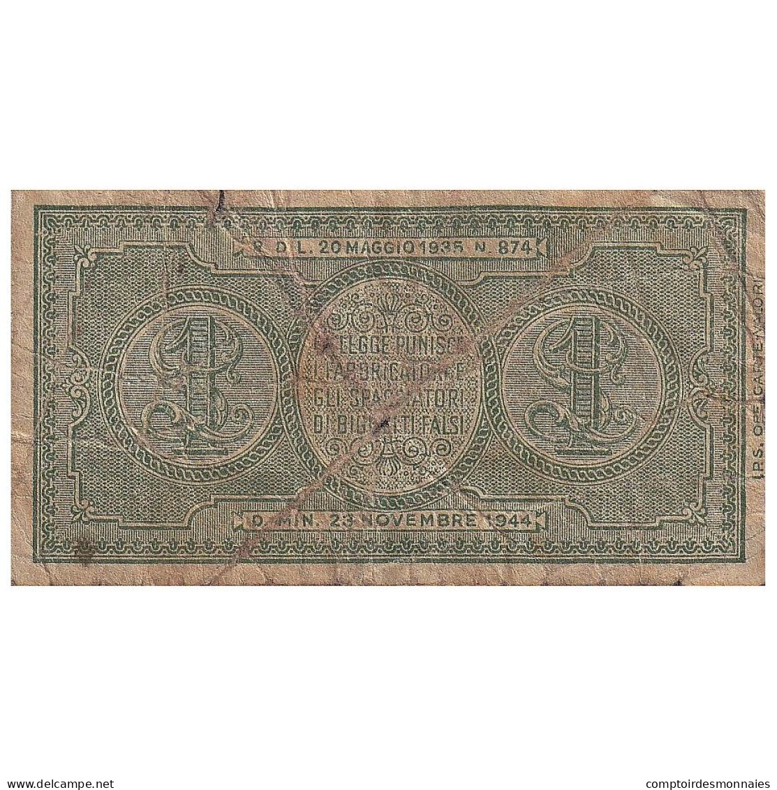 Billet, Italie, 1 Lira, 1944, 1944-11-23, KM:29a, B+ - Regno D'Italia – 1 Lire