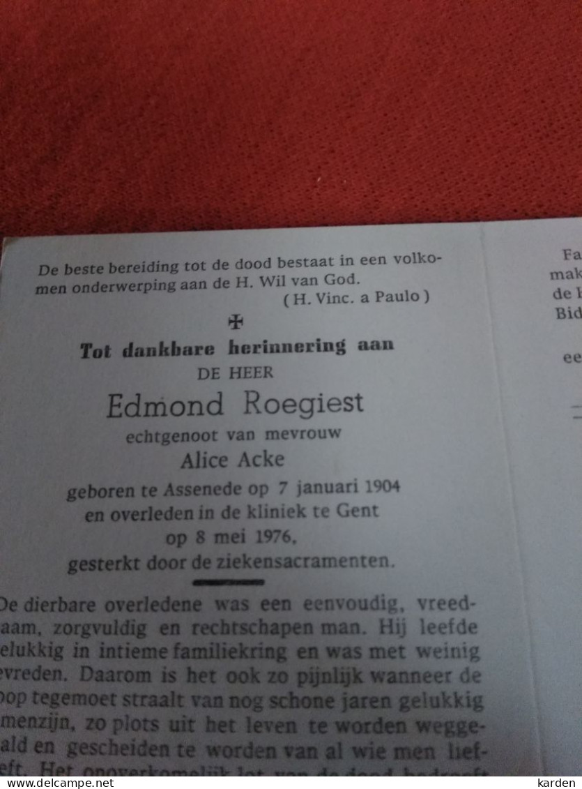 Doodsprentje Edmond Roegiest / Assenede 7/1/1904 Gent 8/5/1976 ( Alice Acke ) - Religion & Esotérisme