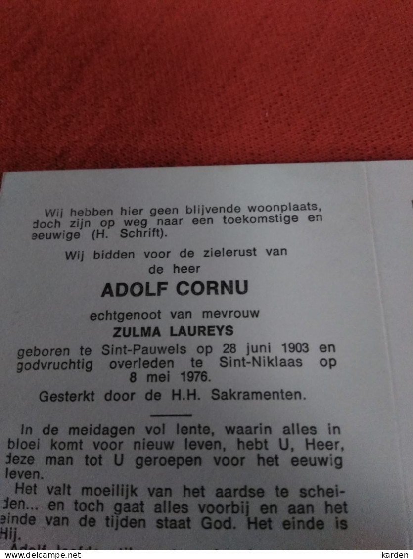 Doodsprentje Adolf Cornu / Sint Pauwels 28/6/1903 Sint Niklaas 8/5/1976 ( Zulma Laureys ) - Religion & Esotérisme