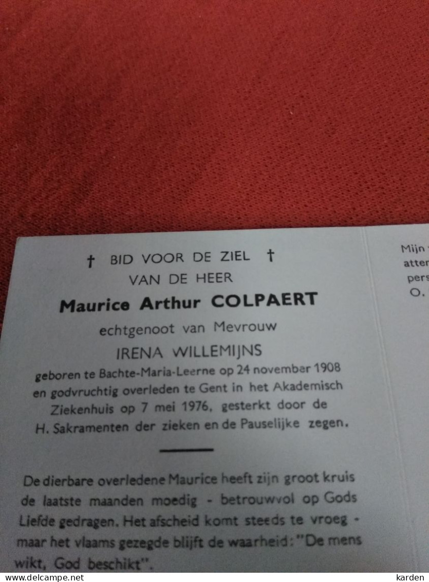 Doodsprentje Maurice Arthur Colpaert / Bachte Maria Laarne 24/11/1906 Gent 7/5/1976 ( Irena Willemijns ) - Religion & Esotérisme