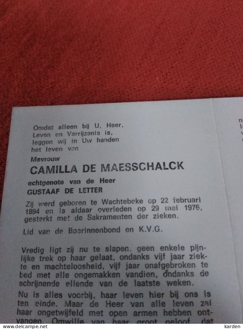 Doodsprentje Camilla De Maesschalck / Wachtebeke 22/2/1894 - 23/5/1976 ( Gustaaf De Letter ) - Religion & Esotérisme