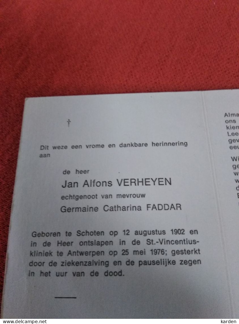 Doodsprentje Jan Alfons Verheyen / Schoten 12/8/1902 Antwerpen 25/5/1976 ( Germaine Catharina Faddar ) - Religion & Esotérisme