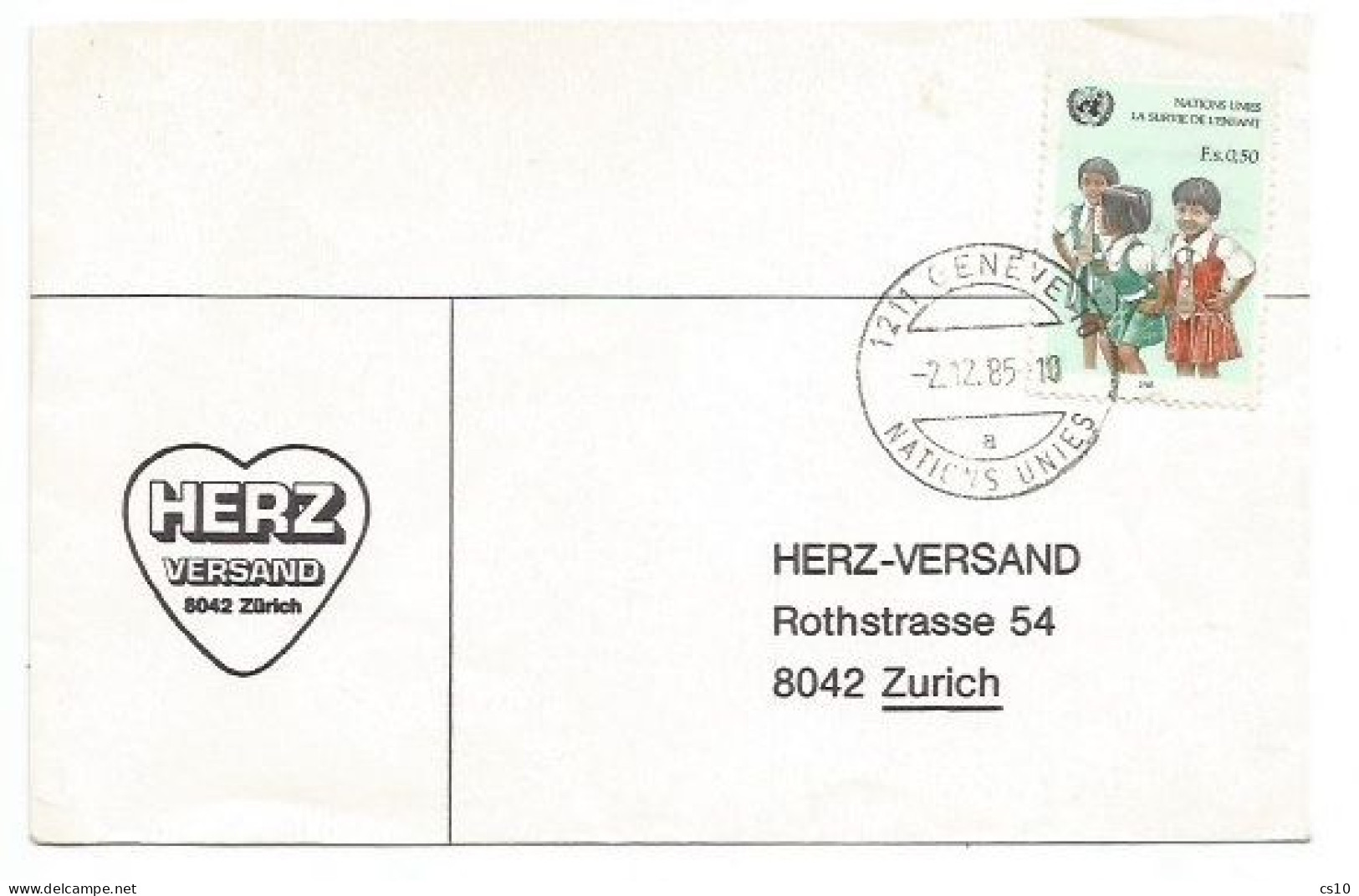 ONU UNO United Nations Geneve Bureau Unicef 1985 FS0.50 Solo Franking Commerce CV 2dec1985 - UNICEF