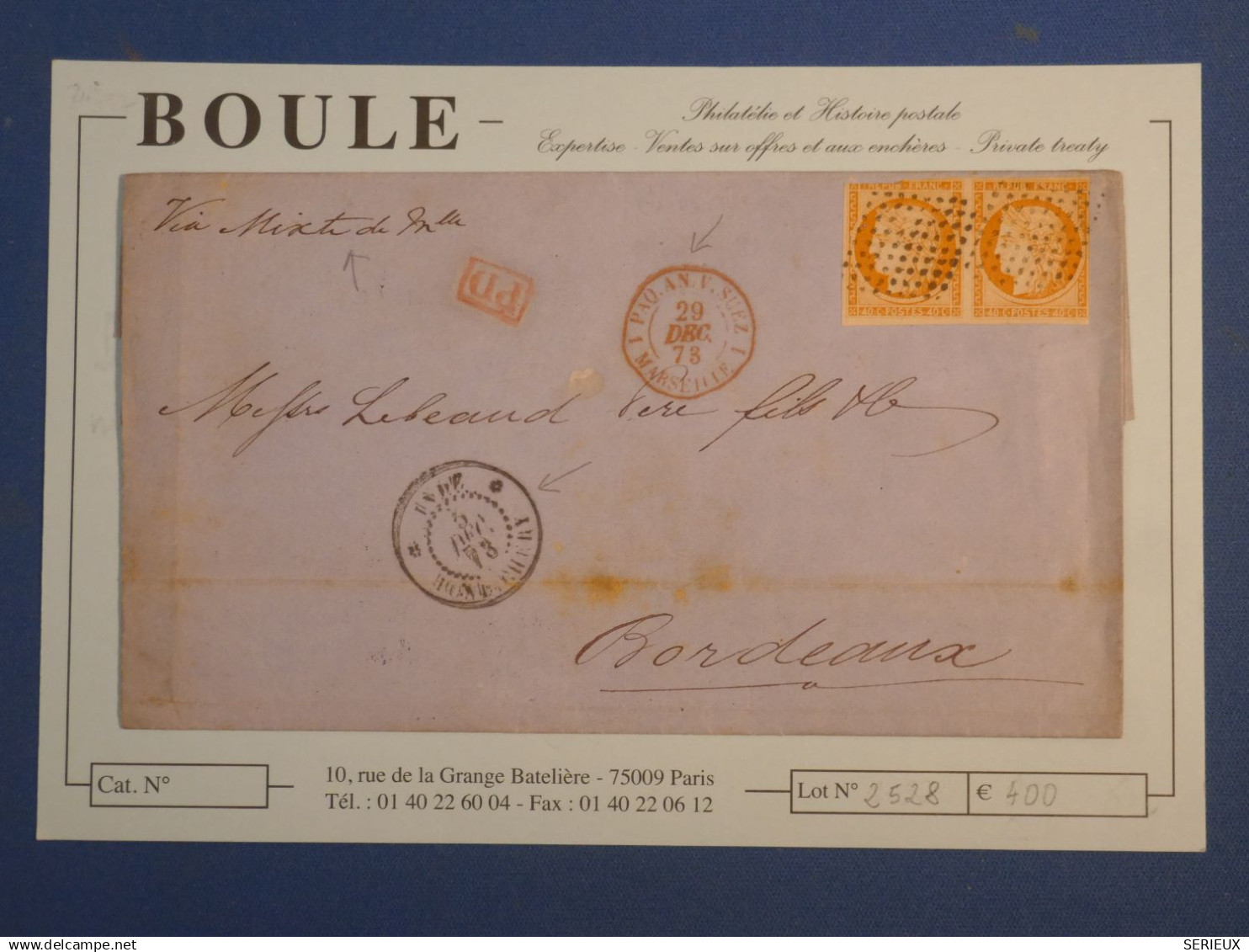 C INDIA PONDICHERY BELLE LETTRE VERY  RARE 1873 PAR PAQUEBOT A BORDEAUX FRANCE++PAIRE DE 40C COLONIE+++AFF. PLAISANT++++ - Briefe U. Dokumente