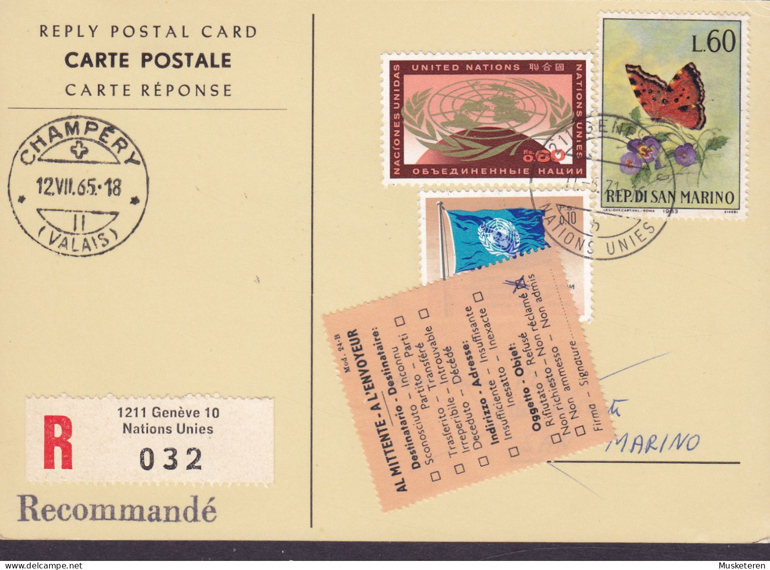 United Nations Reply Postal Card Recommandé Label GENÉVE 1971 SAN MARINO 'Non Réclamé' Vignette Butterfly Papillon - Briefe U. Dokumente