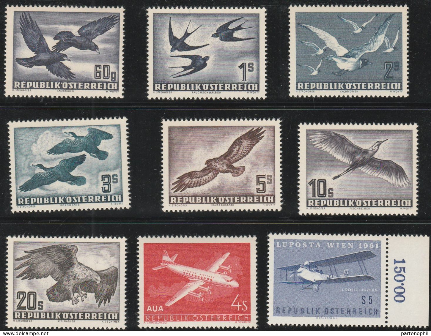 409 - Austria 1954 - Posta Aerea, Uccelli N. 54/60. Cat. € 450,00. MNH - Neufs