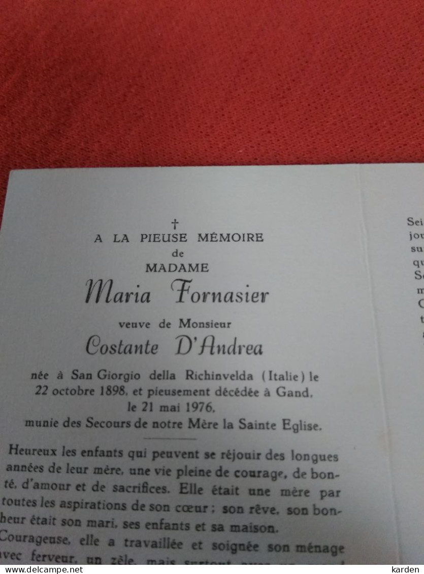 Doodsprentje Madeleine Fornasier / San Giorgio Della Richinvelda ( It) 22/10/1898 Gand - 21/5/1976 ( Constante D'Andrea - Religion & Esotérisme